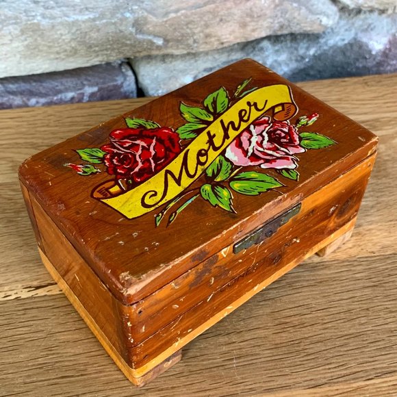 Vintage Other - VTG Mother Cedar Chest Trinket Box 50s Roses Banner Decal Mid-century Jewelry
